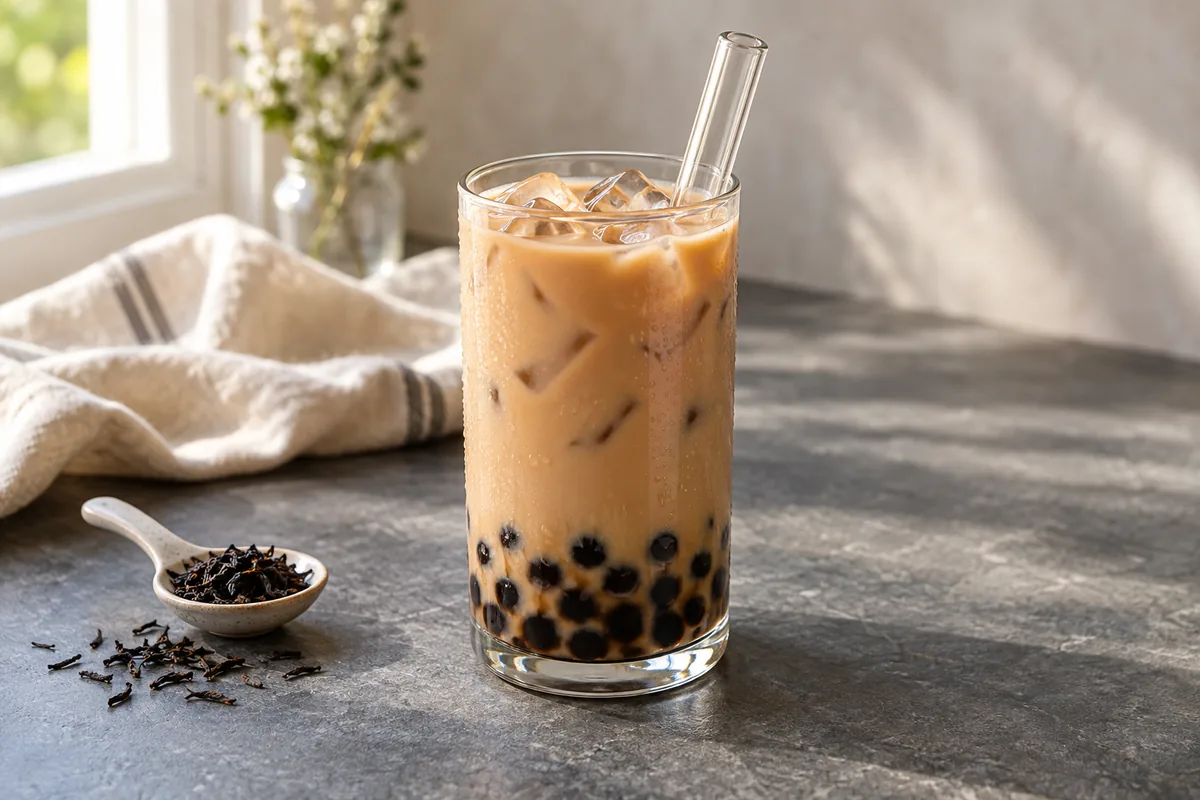 Bubble tea au thé noir et au lait, avec perles de tapioca, glaçons et paille en verre.