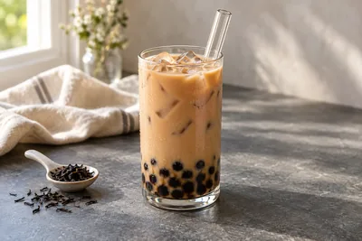 Bubble tea au thé noir et au lait, avec perles de tapioca, glaçons et paille en verre.