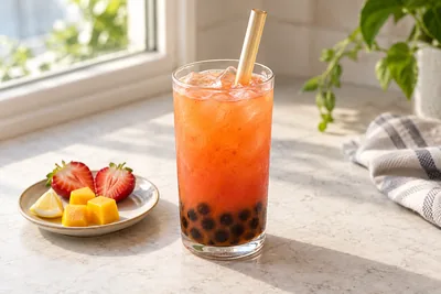 Bubble tea fruité à la fraise et à la mangue, avec glaçons, perles de tapioca et fruits frais à côté.
