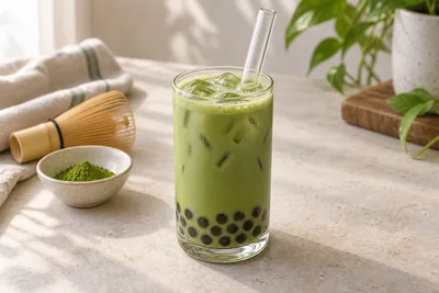 Bubble tea matcha au lait, avec glaçons et perles de tapioca, accompagné de poudre de matcha et d’un fouet.