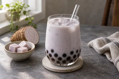 Bubble tea au taro avec perles de tapioca et glaçons, accompagné de morceaux de taro.