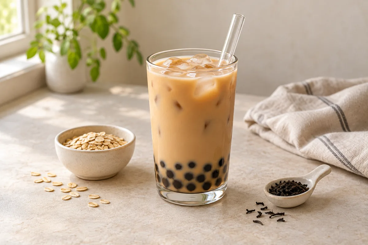 Bubble tea au lait d’avoine avec glaçons et perles de tapioca, accompagné d’avoine et de thé noir.
