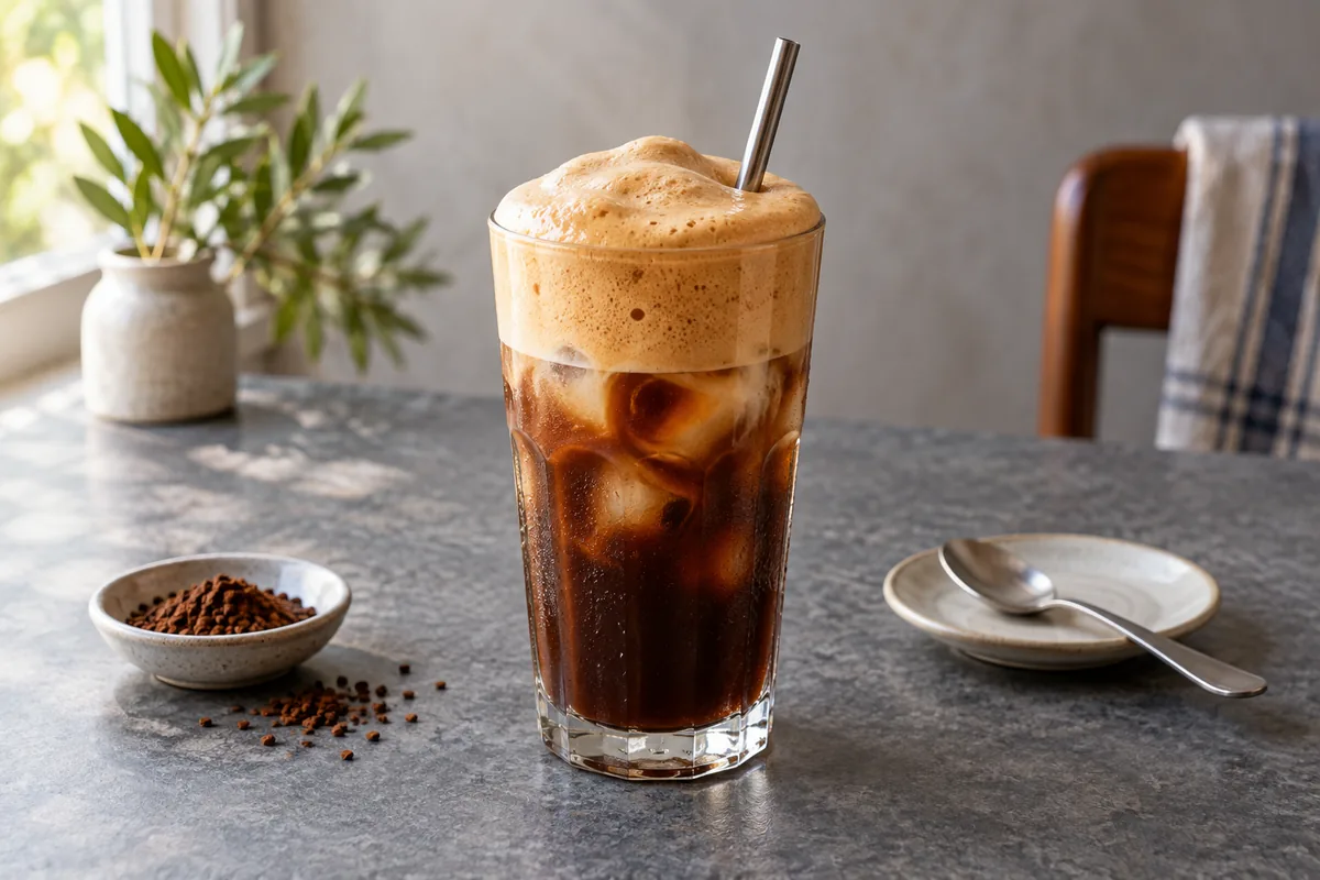 Café frappé grec dans un verre haut, avec glaçons et mousse de café couleur caramel.