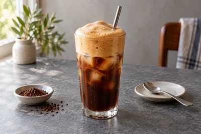 Café frappé grec dans un verre haut, avec glaçons et mousse de café couleur caramel.