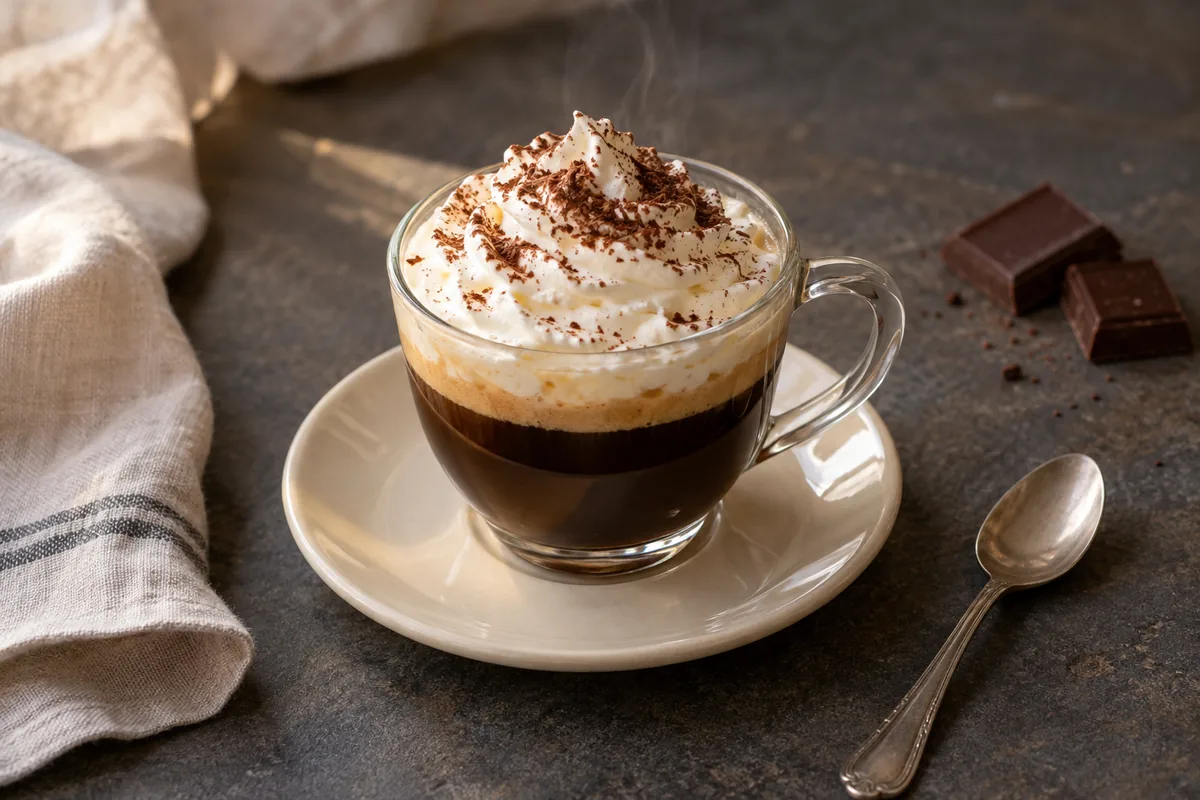 Café viennois dans une tasse transparente, surmonté de chantilly saupoudrée de cacao.