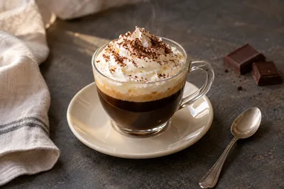 Café viennois dans une tasse transparente, surmonté de chantilly saupoudrée de cacao.