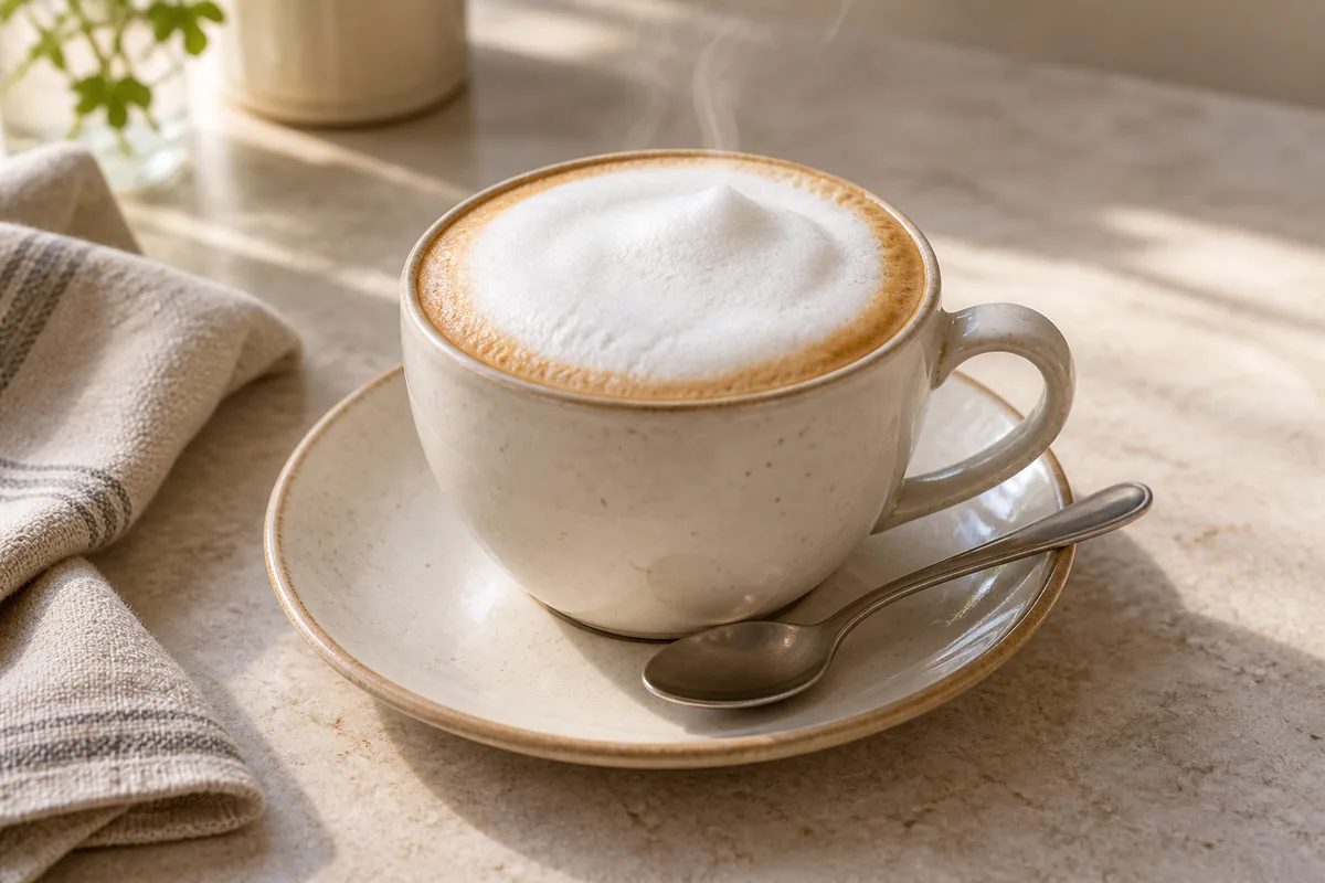 Cappuccino maison dans une tasse en céramique claire, recouvert d’une mousse de lait dense.