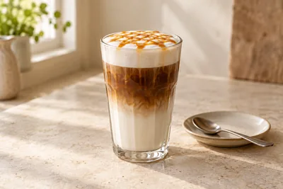 Caramel macchiato dans un verre transparent, avec lait, café, mousse de lait et filet de caramel.