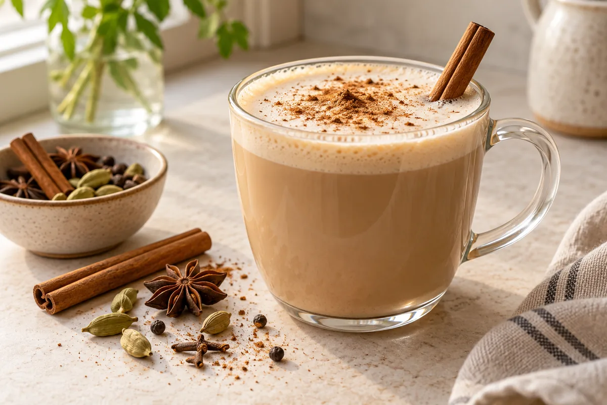 Chai latte fumant dans une tasse en céramique claire, bâton de cannelle et anis étoilé posés à côté