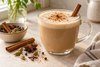 Chai latte fumant dans une tasse en céramique claire, bâton de cannelle et anis étoilé posés à côté