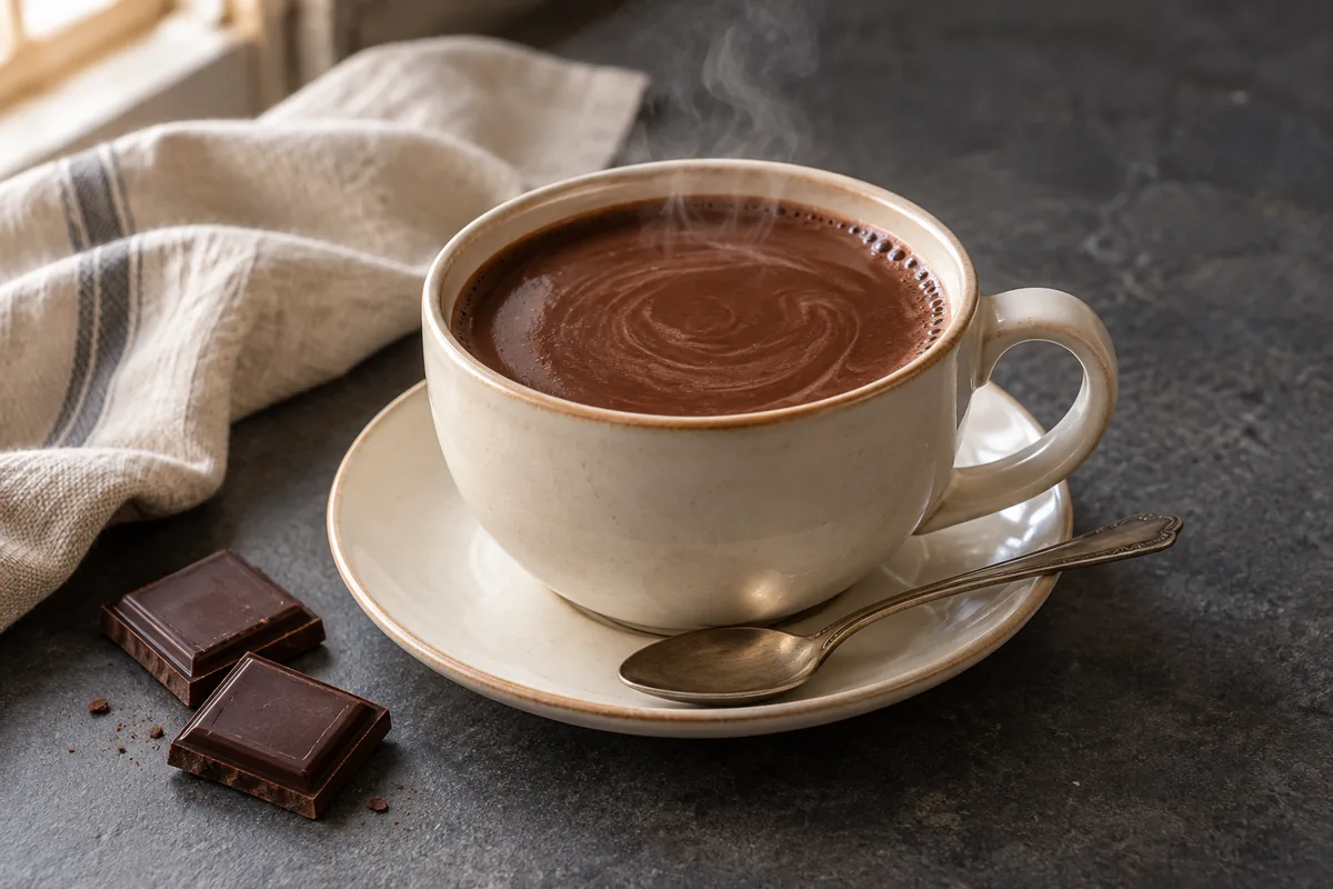 Chocolat chaud à l’ancienne dans une tasse claire, avec deux morceaux de chocolat noir et une cuillère.