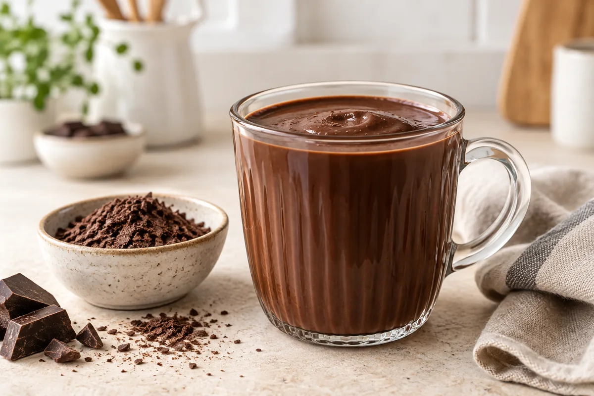 Chocolat chaud a l'espagnole tres epais dans une tasse en verre, avec du chocolat noir rape.