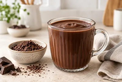 Chocolat chaud a l'espagnole tres epais dans une tasse en verre, avec du chocolat noir rape.