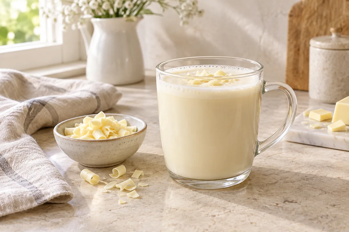 Chocolat chaud blanc cremeux dans une tasse en verre, accompagne de copeaux de chocolat blanc.