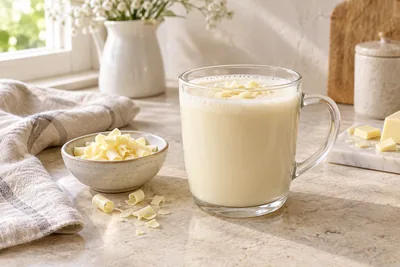 Chocolat chaud blanc cremeux dans une tasse en verre, accompagne de copeaux de chocolat blanc.