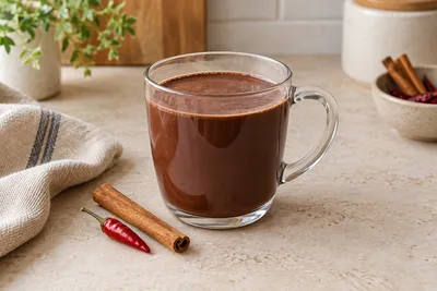 Chocolat chaud epais dans une tasse en verre, avec un baton de cannelle et un petit piment rouge.