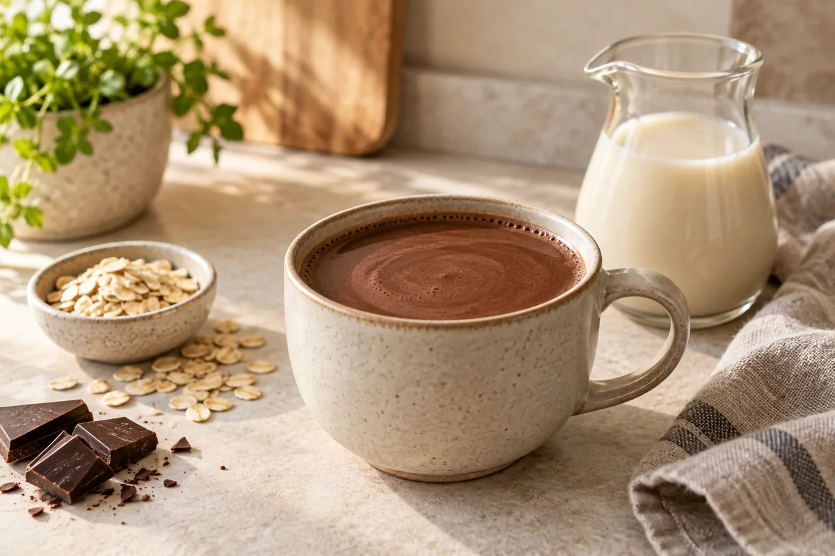 Chocolat chaud au lait vegetal dans une tasse, avec un petit pot de lait d'avoine et des flocons d'avoine.