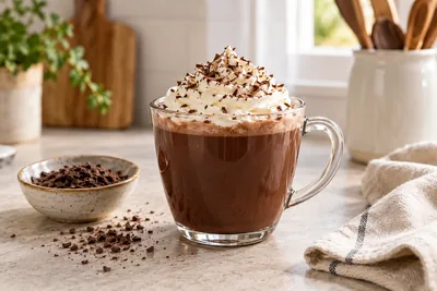 Chocolat chaud viennois dans une tasse en verre, avec une touche de chantilly et des copeaux de chocolat.