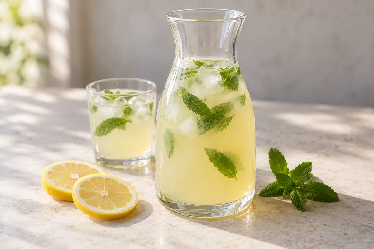 Citronnade à la menthe dans une carafe transparente, avec un verre, des glaçons et des rondelles de citron.