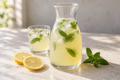 Citronnade à la menthe dans une carafe transparente, avec un verre, des glaçons et des rondelles de citron.