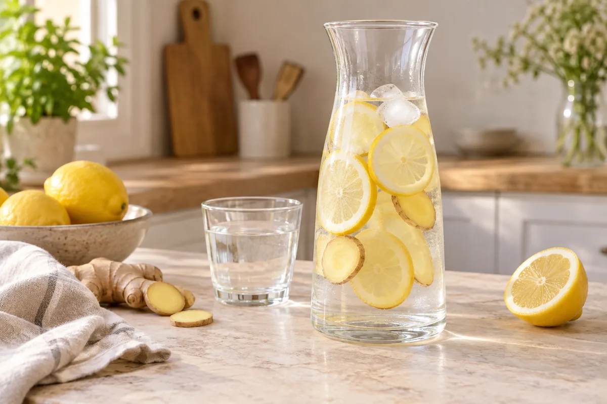 Carafe d'eau infusée avec rondelles de citron et lamelles de gingembre frais
