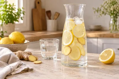 Carafe d'eau infusée avec rondelles de citron et lamelles de gingembre frais