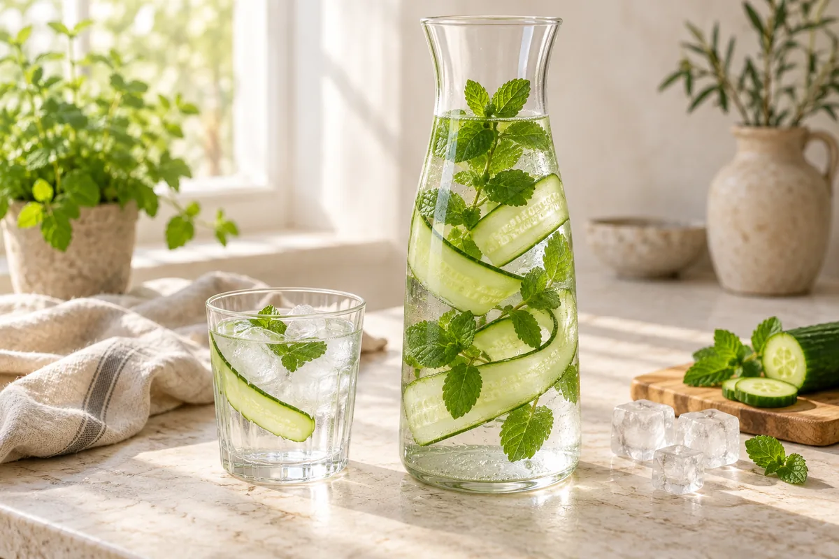 Carafe d'eau infusée avec rondelles de concombre et feuilles de menthe flottant à la surface