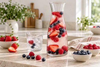 Carafe d'eau infusée avec fraises coupées, framboises et myrtilles entières flottant à la surface