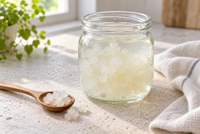 Deux bocaux côte à côte, l'un avec des grains de kéfir de lait blancs, l'autre avec des grains de kéfir de fruits translucides