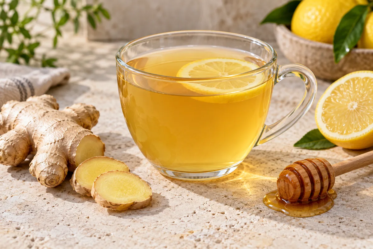 Infusion gingembre citron miel dans une théière en verre transparent, tranches de gingembre et de citron bien visibles à l'intérieur