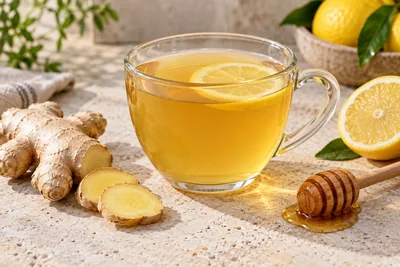 Infusion gingembre citron miel dans une théière en verre transparent, tranches de gingembre et de citron bien visibles à l'intérieur