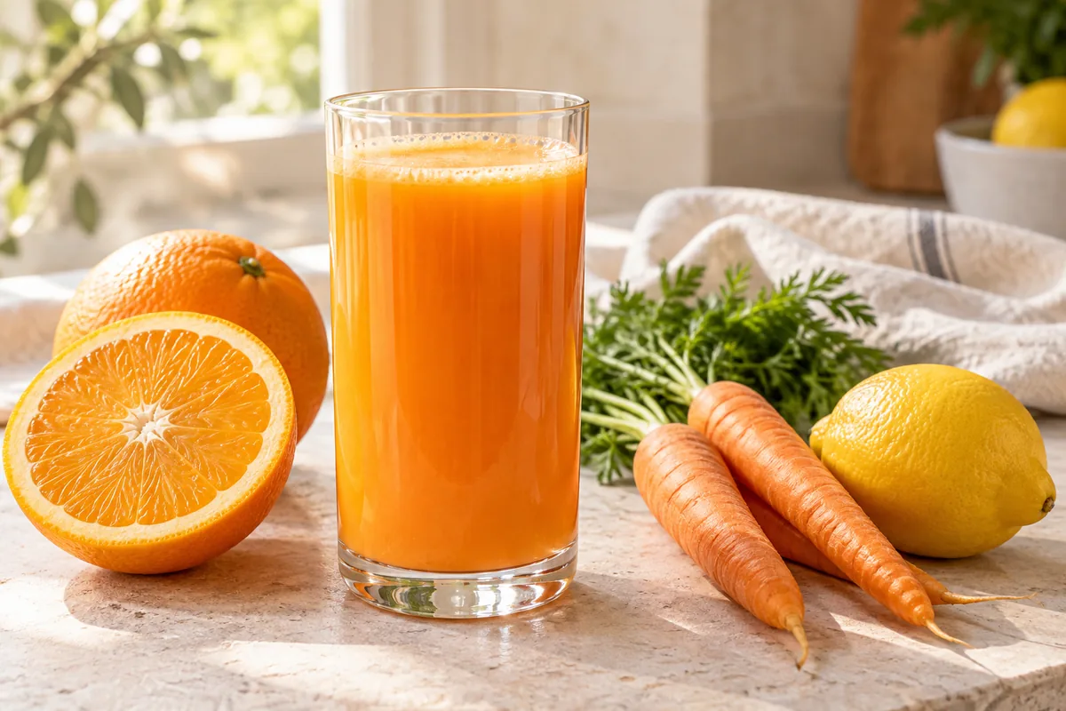 Jus ACE orange vif dans un verre haut, carottes et demi-citron posés à côté