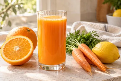 Jus ACE orange vif dans un verre haut, carottes et demi-citron posés à côté