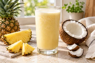 Jus jaune pâle ananas coco dans un verre haut, morceau d'ananas sur le bord