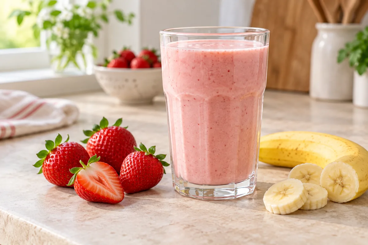 Jus rose banane fraise dans un verre haut, fraise coupée en deux sur le bord