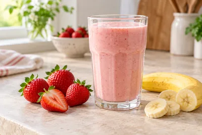 Jus rose banane fraise dans un verre haut, fraise coupée en deux sur le bord