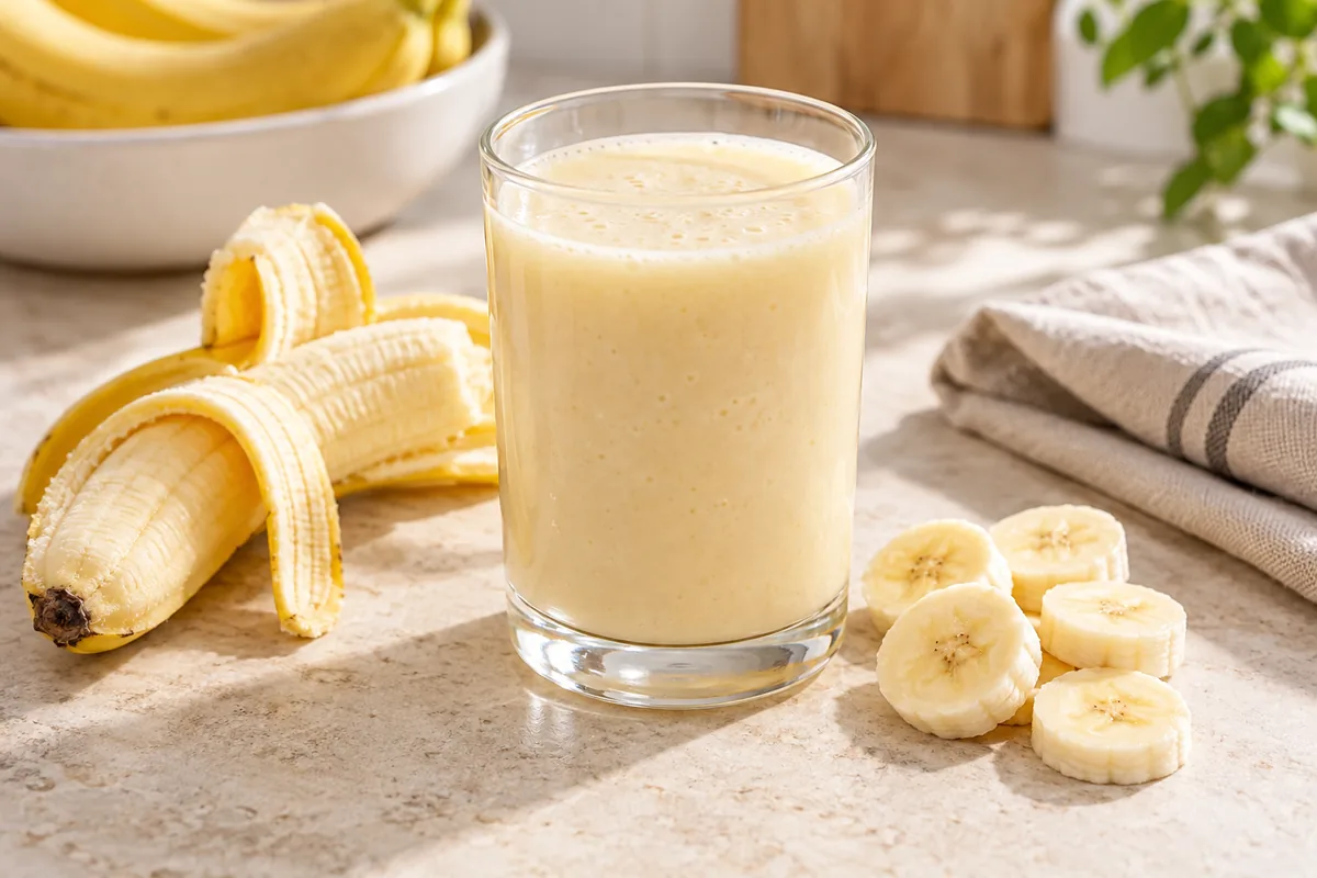 Jus de banane crémeux et pâle dans un verre haut, rondelles de banane posées à côté