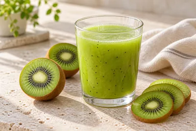 Jus de kiwi vert clair dans un verre, kiwis coupés en deux autour