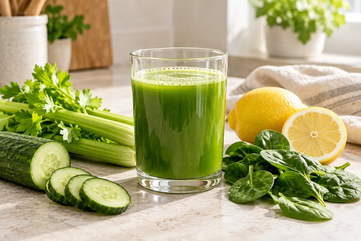 Jus de légumes rouge orangé dans un verre, carotte, betterave et branche de céleri posées à côté