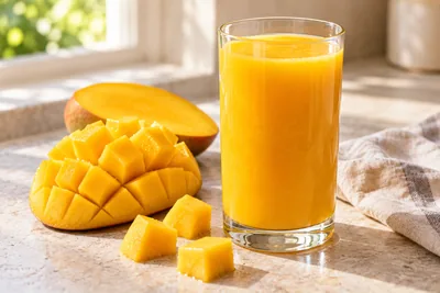Jus de mangue orange dense dans un verre, quartiers de mangue posés à côté
