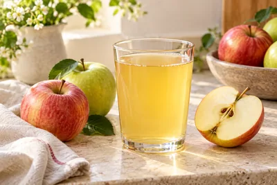 Jus de pomme clair dans une carafe, pommes entières et quartiers coupés autour