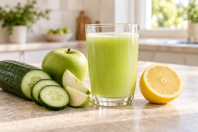 Jus détox vert clair dans un verre, rondelles de concombre et quartier de citron posés à côté