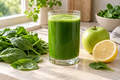 Jus vert foncé à l'épinard dans un verre, feuilles d'épinard fraîches et kiwi coupé en deux posés à côté