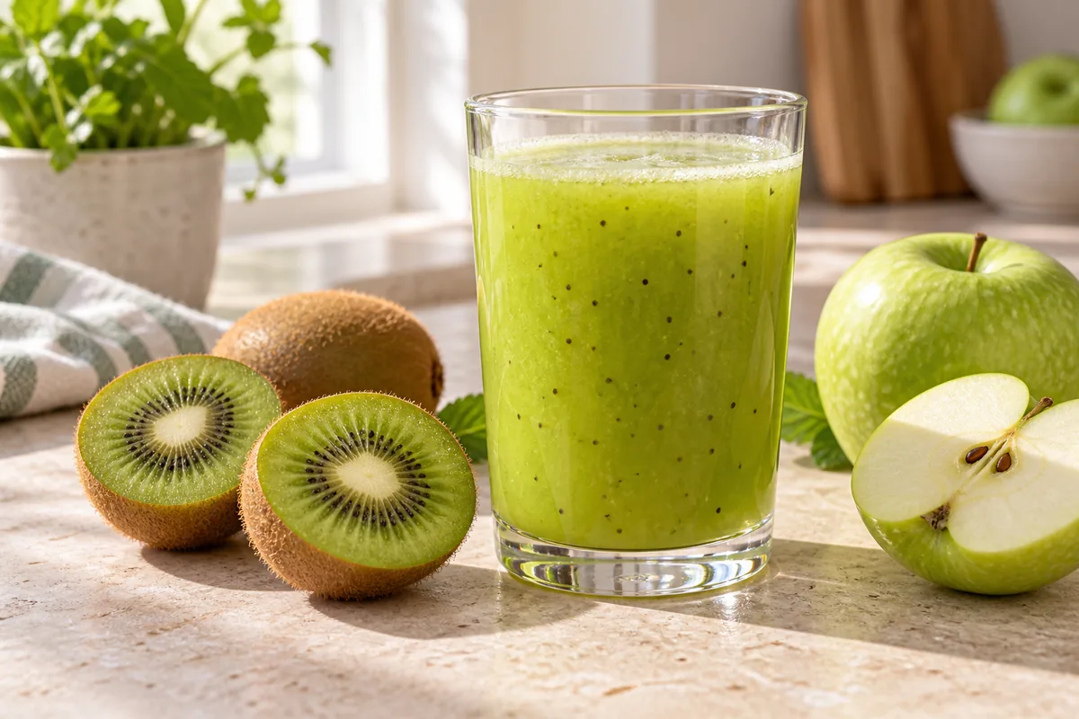 Jus vert clair kiwi pomme dans un verre, kiwi et quartier de pomme posés à côté