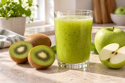 Jus vert clair kiwi pomme dans un verre, kiwi et quartier de pomme posés à côté