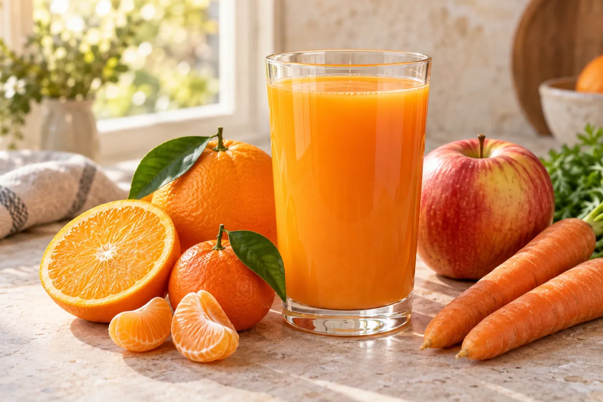 Jus multivitaminé orange foncé dans une carafe, pamplemousse et pomme coupés en tranches autour