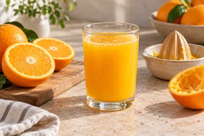 Jus d'orange fraîchement pressé dans un verre, oranges coupées en deux et presse-agrumes à côté