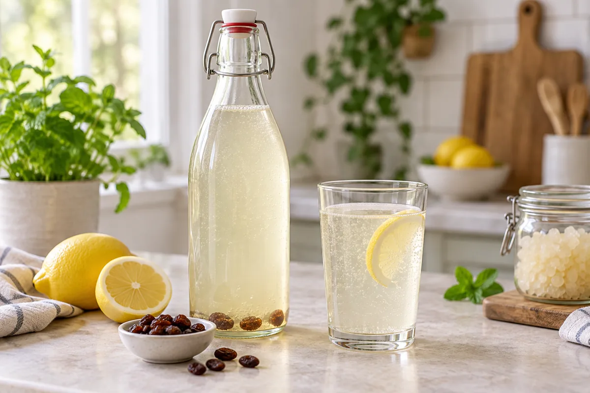 Bocal de kéfir d'eau à la noix de coco avec des grains translucides visibles au fond