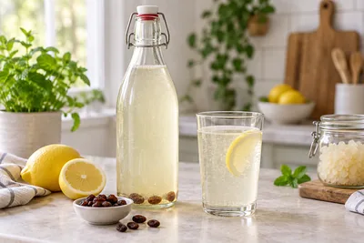 Bocal de kéfir d'eau à la noix de coco avec des grains translucides visibles au fond