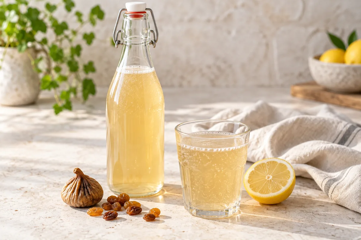 Bocal de kéfir de fruits maison avec des grains translucides, une figue séchée et un demi-citron